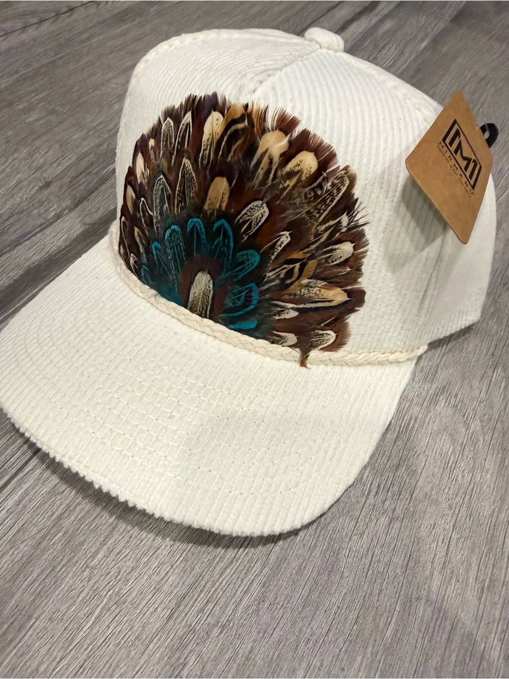 Kids White Feather Accent Cap with Teal Detail